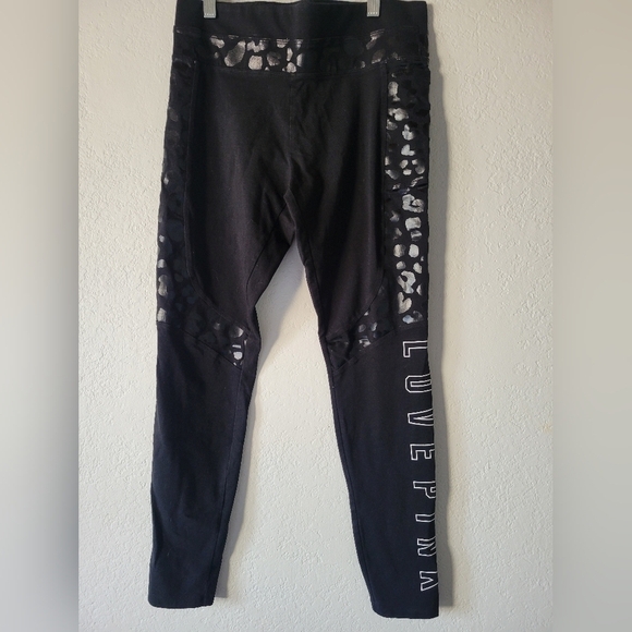 Victoria's Secret Pants - PINK Yoga Victoria Secret Black Leggings with Leopard Print and Text